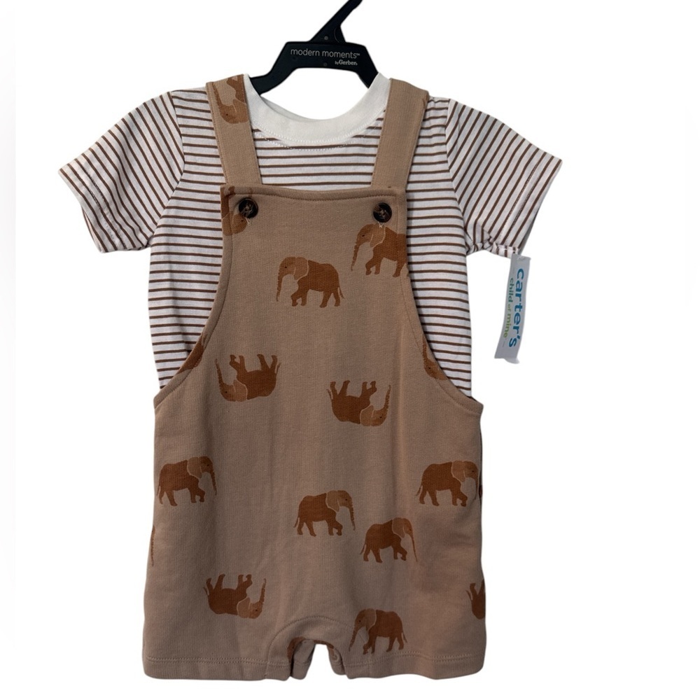 Striped Shirt and Elephant Print Overalls Set